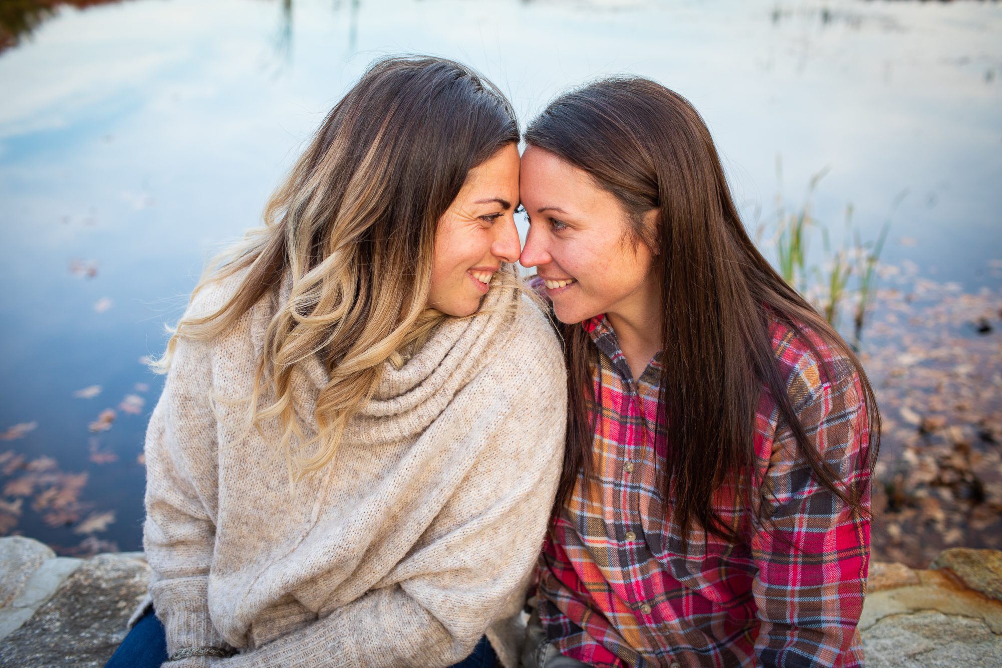 Central MA Engagement Photography Locations same_sex_couple_in_fall_with_water_Central