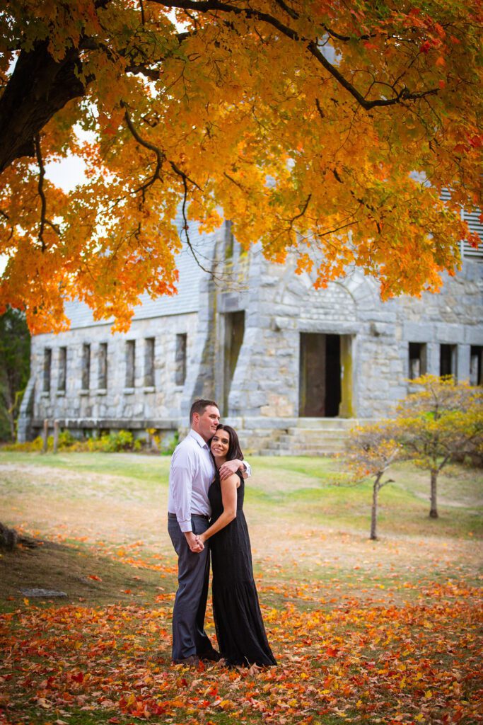 couple-dance-orange-fall-foliage-proposal-west-boylston-ma-old-stone-church