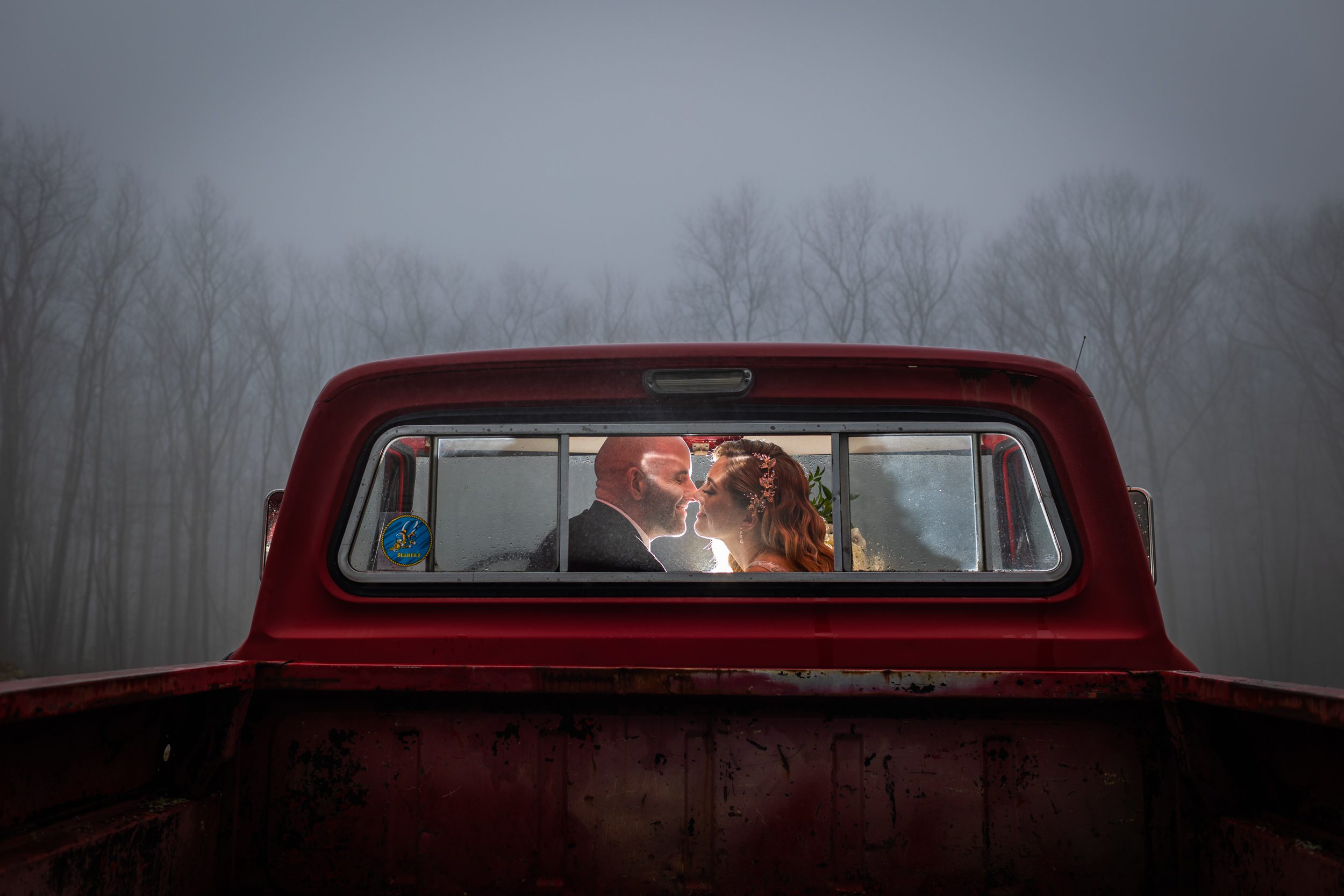 couple-in-red-truck-foggy-wedding-day-massachusetts-photographer