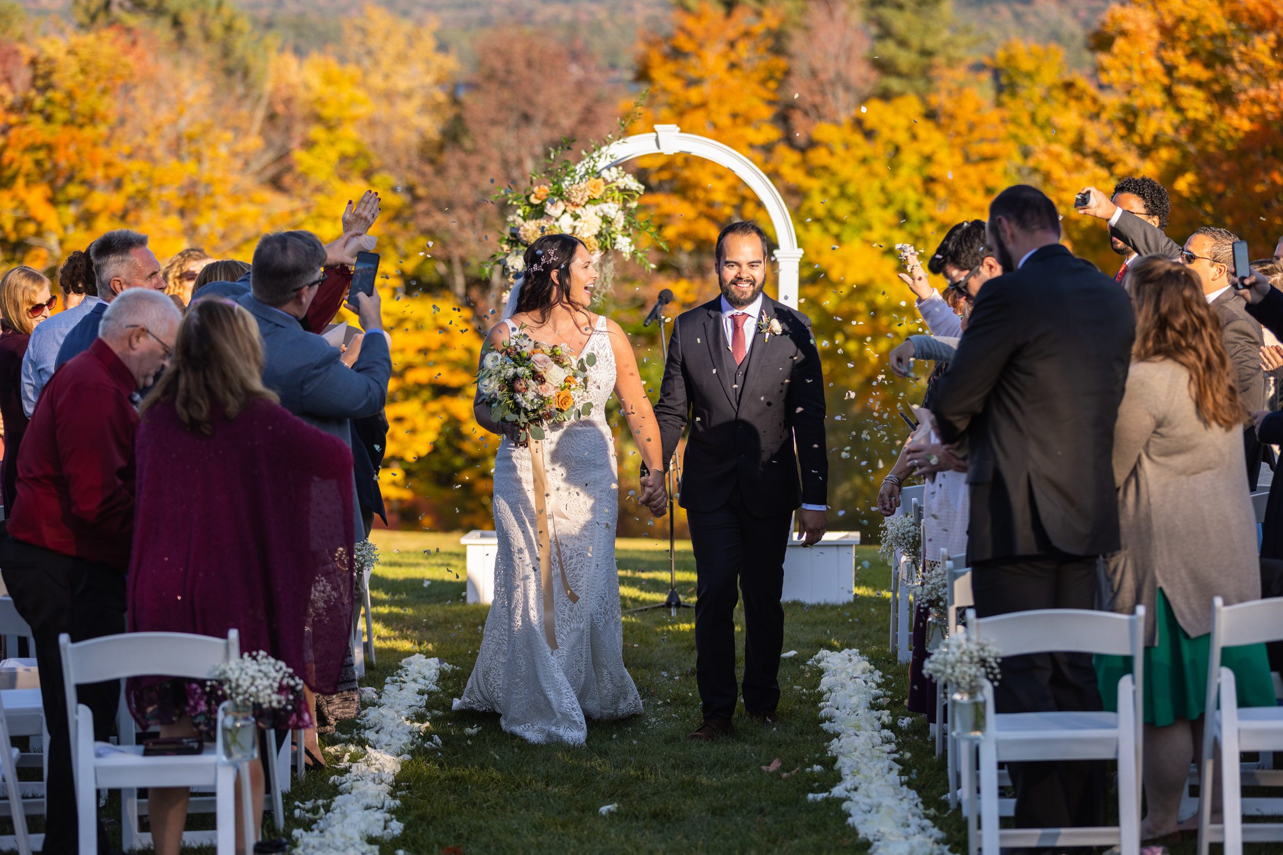 How to find the Perfect Wedding Photographer-fall-wedding-just-married-walk-down-aisle-mount-suapee-nh-wedding