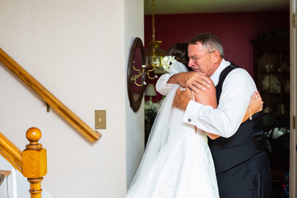bride-hugging-dad-crying-first-look-worcester-ma wedding photographer