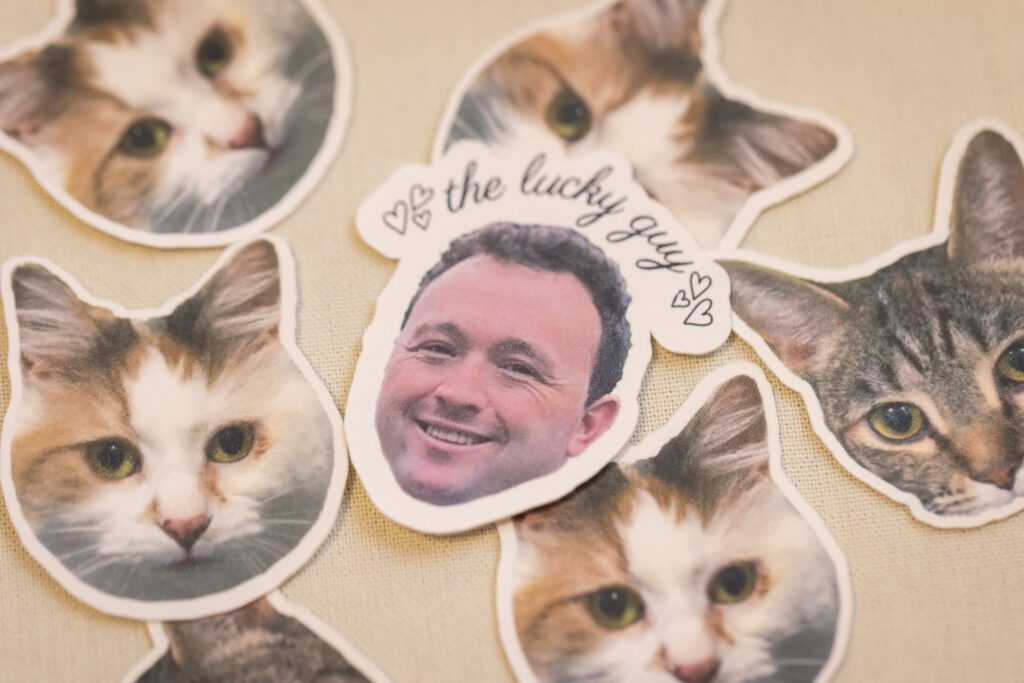 personalized wedding stickers of groom and pet cats wedding day
