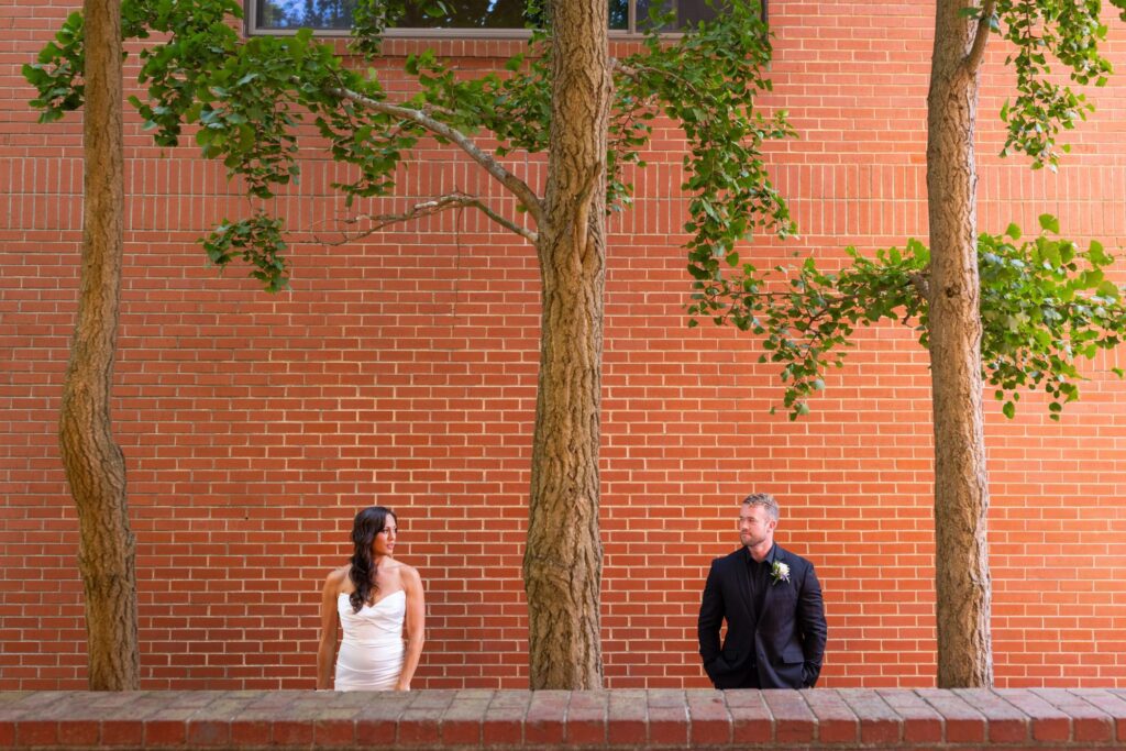 Hotel Salem Wedding - Massachusetts - bride and groom in front of brick wall with tall trees artistic wedding photographer 